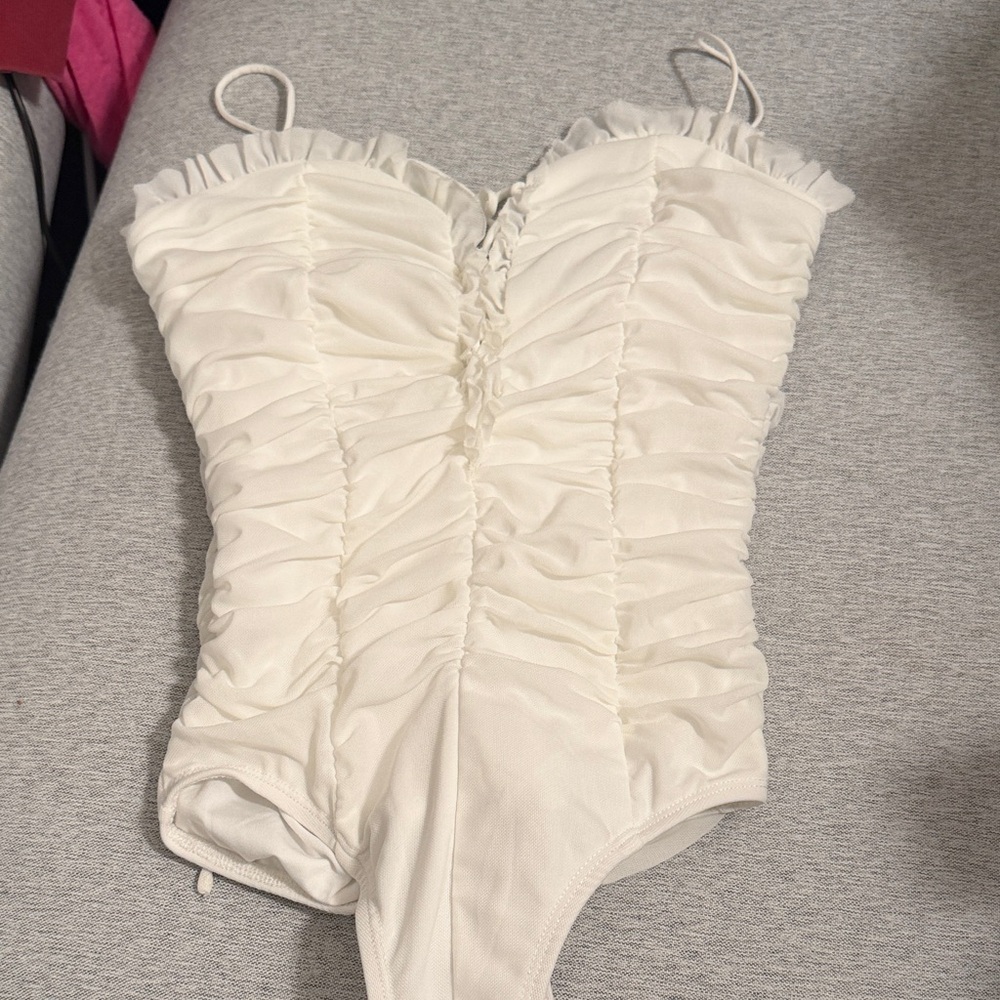 Chic White Ruched Bodysuit